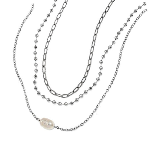Collar triple perla plateado