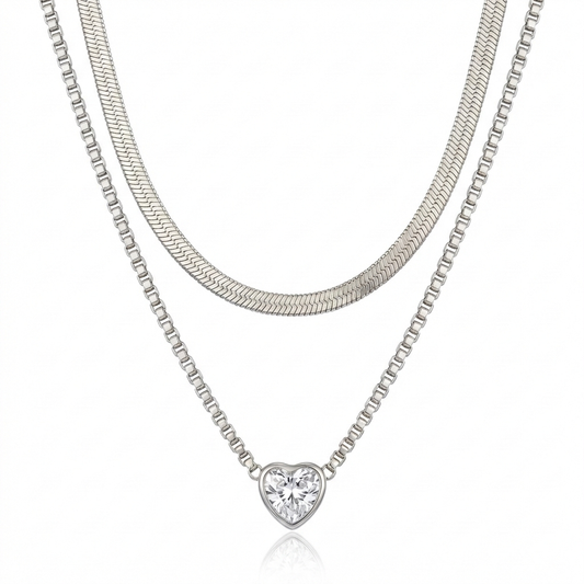 Collar doble corazón plateado